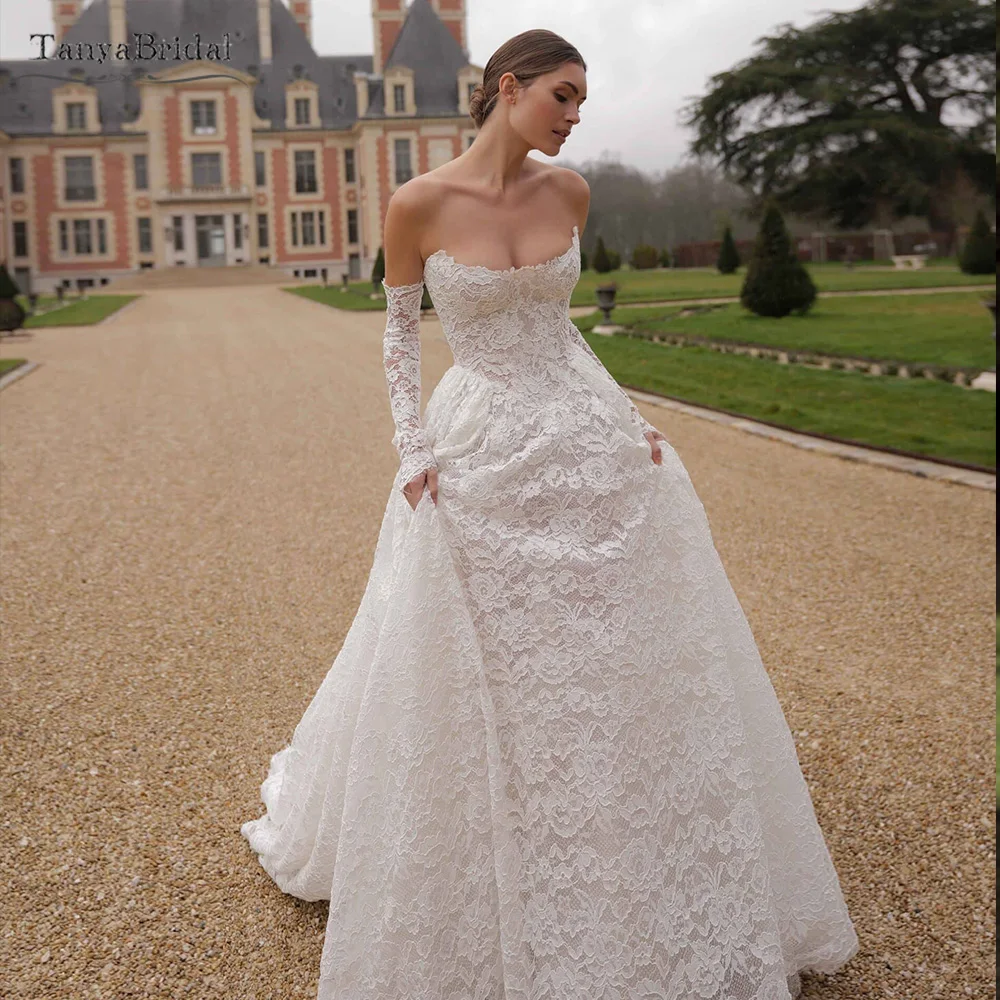 

Кружевные свадебные платья с овальным вырезом, элегантные свадебные платья трапециевидной формы со съемными тонкими длинными рукавами DW1038