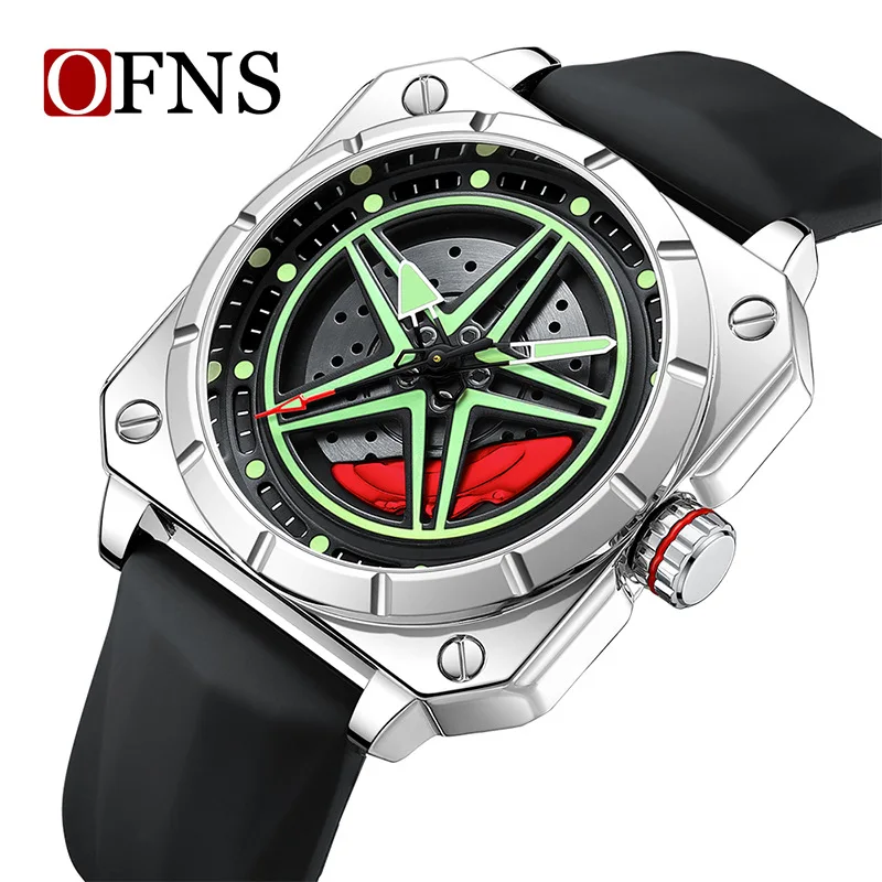 OFNS 8017 Men Quartz Watch Fashion Square Pentagram Stars Unique Green Silicone Strap Wristwatch for Male Boy Gift Clock