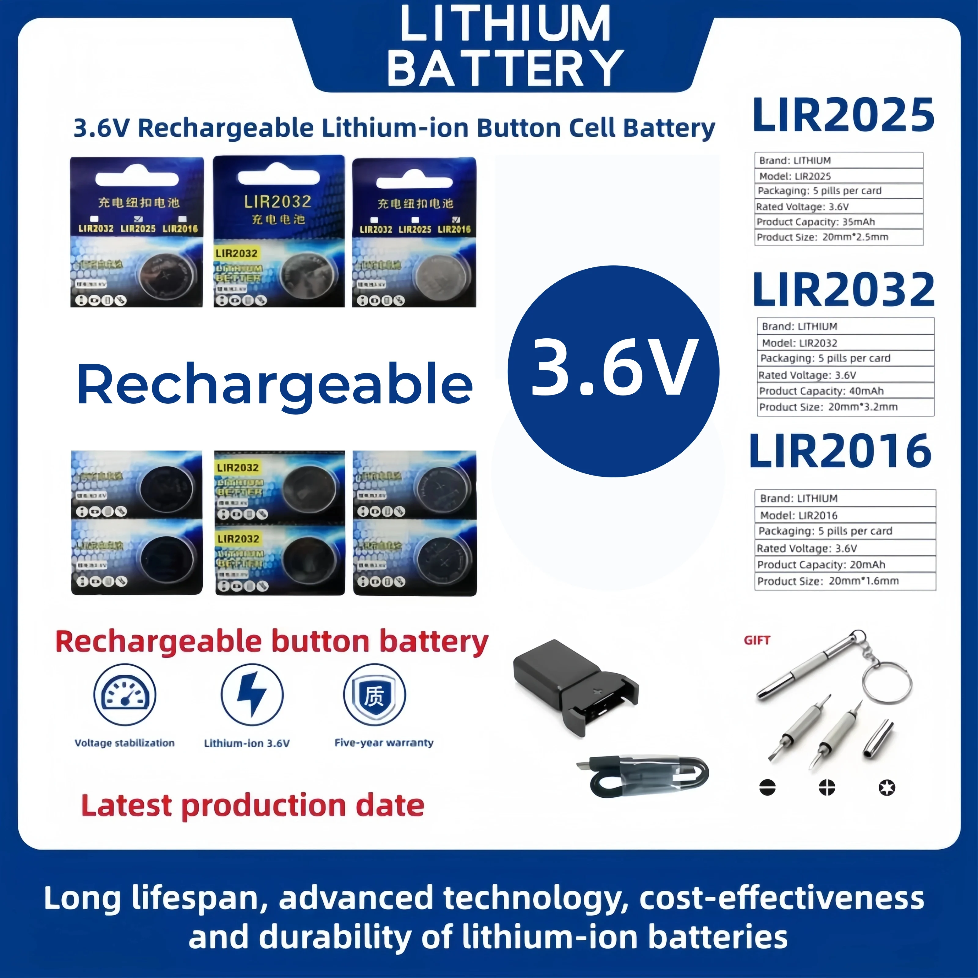 

3.6V LIR2032 LIR2025 LIR2016 Rechargeable Battery CR2032 CR2025 CR2016 Lithium Charging Can Replace CR2032 for Watches