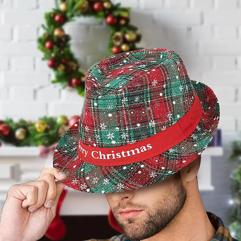 Cute Christmas snow Fisherman Hat Red Green Plaid Hats Merry Christmas Foldable Bucket Hats  For New Year Xmas Party