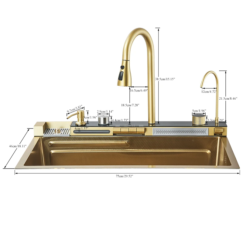 Golden Stainless Steel Kitchen Sink Double Waterfall Digital Display Sink Embossed Large Single Slot Multi-functional Wash Basin