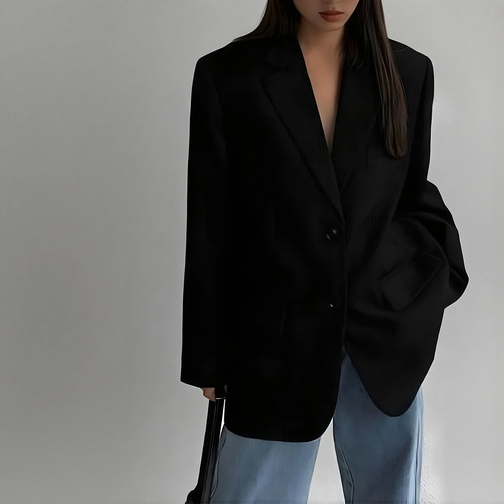 Women's Autumn Blazer K-Fashion Long Sleeve Lapel Slim Fit Office Lady Style Plain Top for Business Casual Wear