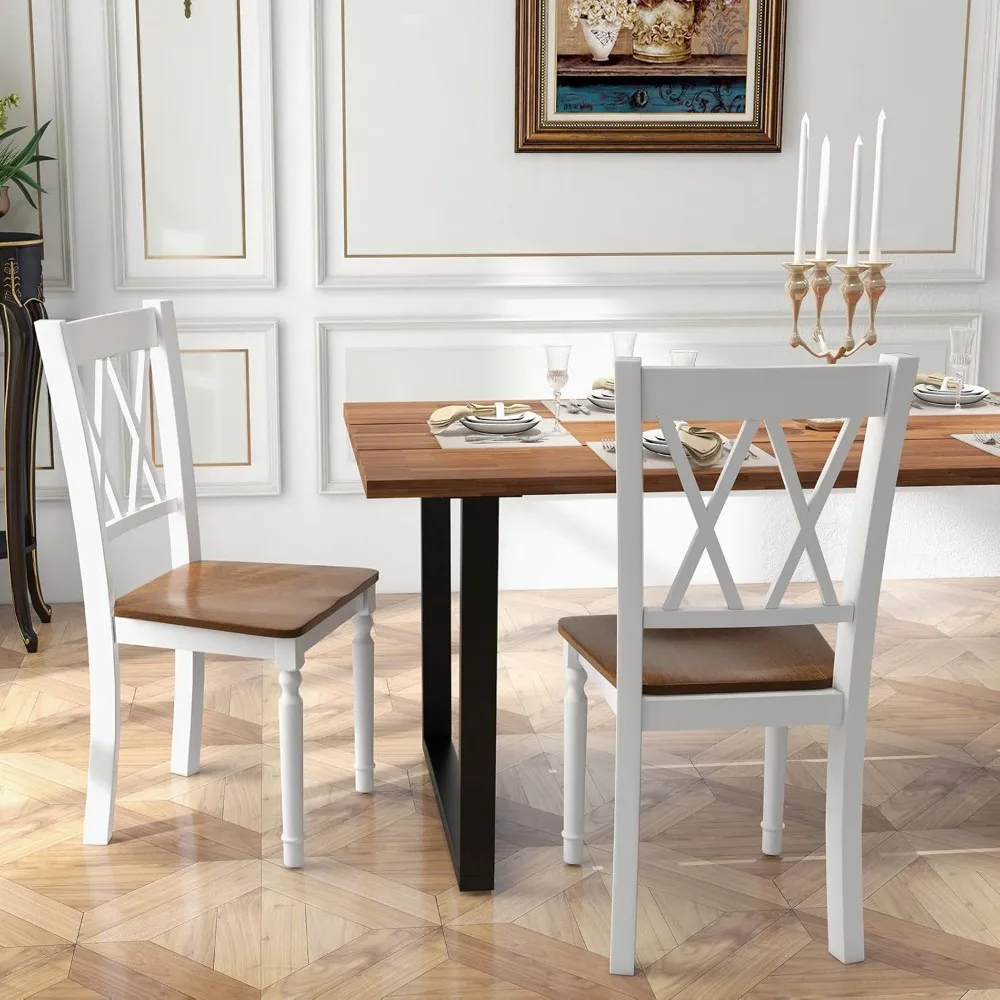 Dining Room Chairs Set of 2 White, Wooden Farmhouse Kitchen Chairs with Rubber Wood Seat, Acacia Wood Legs, Max Load 360 Lbs