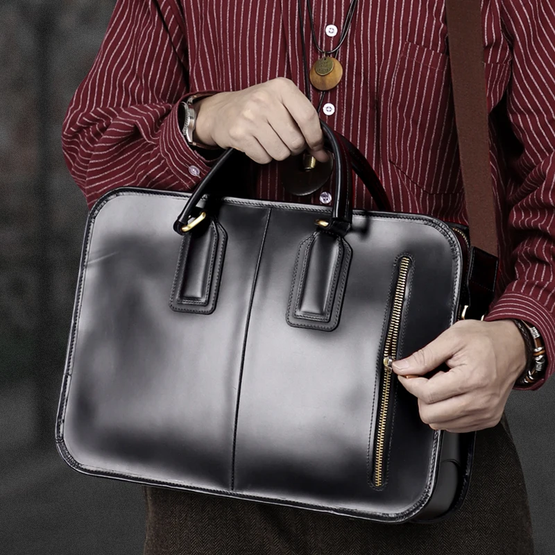 Vintage Genuine Leather Man Handbag Briefcase Men Shoulder Crazy Horse Genuine Leather Bags Business 13.5 Inch Laptop Bag