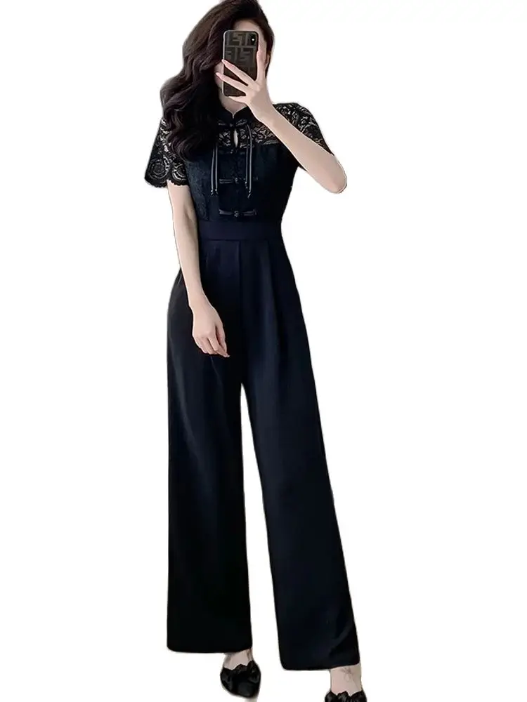 2024 New Summer Elegant Lace Splicing Short Sleeve Long Jumpsuits For Women Fashion Office OL High Waist Slim Wide Leg Rompers