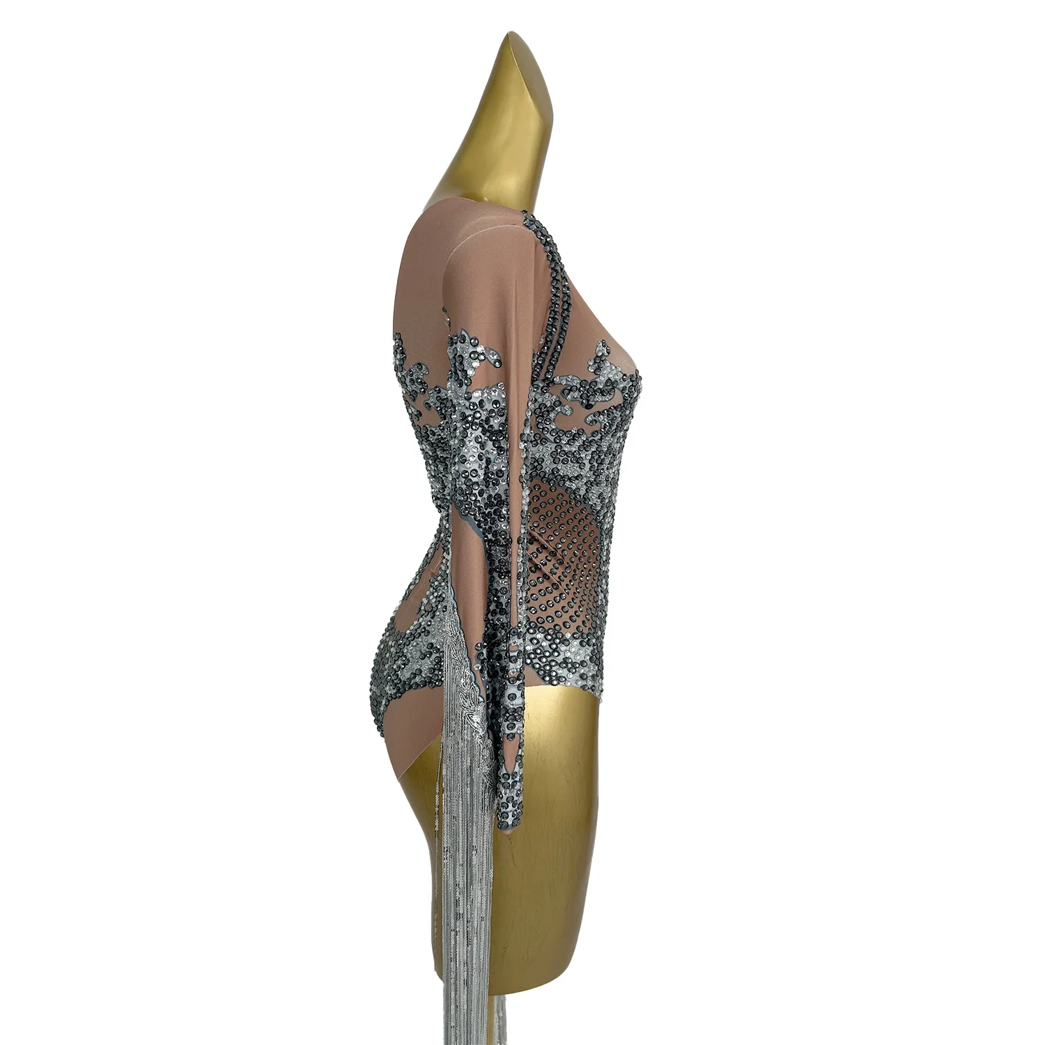 Sparkly Sequins Rhinestone Sexy Printing Bodysuit Women Birthday Party Stage Performance Short Jumpsuit Tassel Sleeved Gongdian
