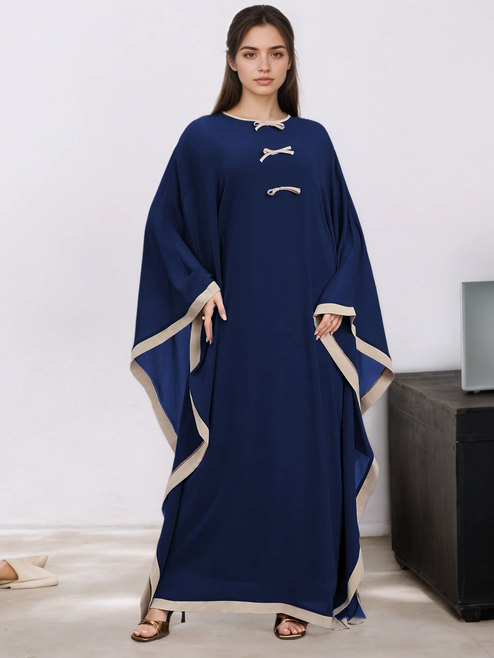 

Muslim Abaya Navy Blue Batwing Sleeve Bow Decor Contrast Trim Loose Fit Maxi Dress Elegant Modest Islam Clothing for Women Dubai