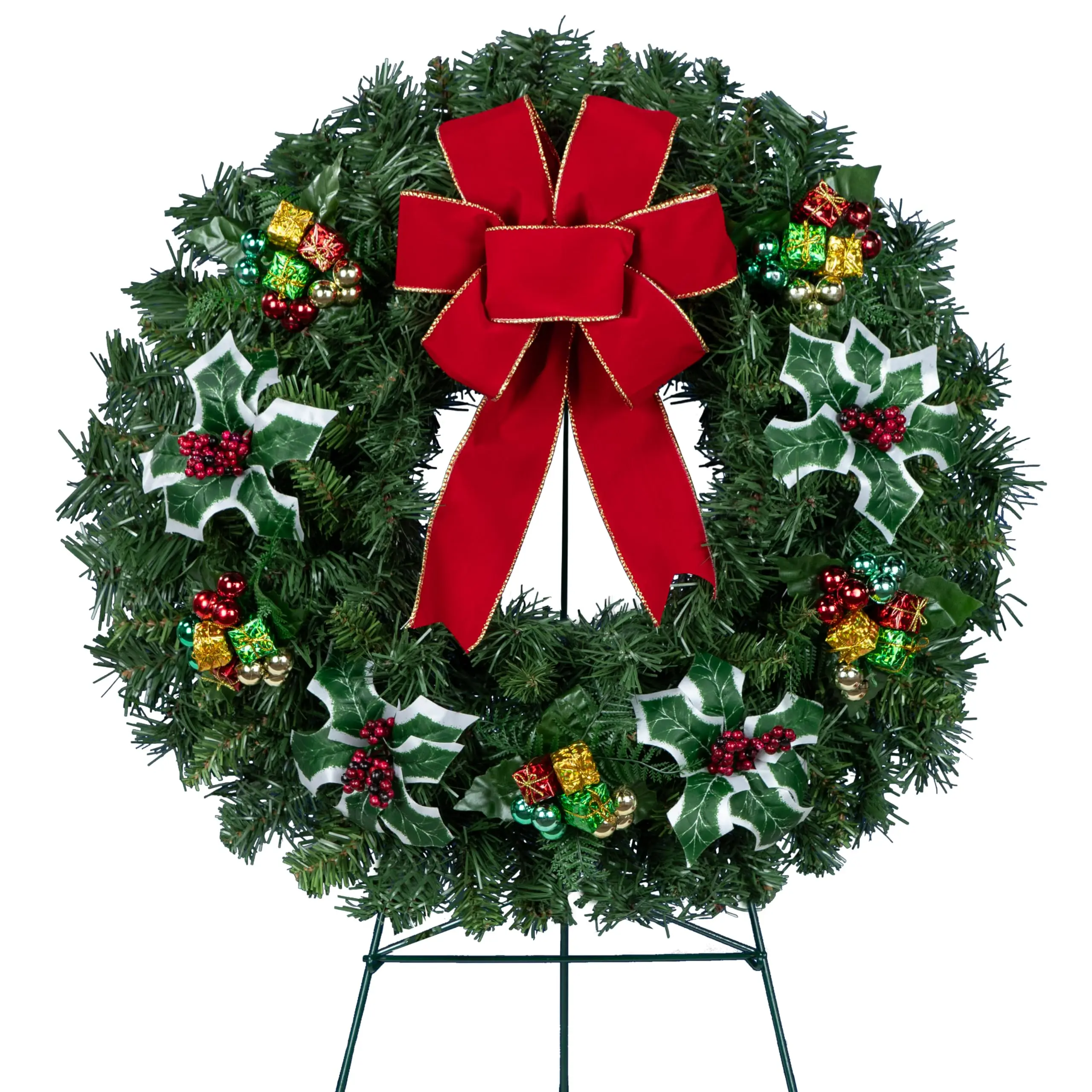 Christmas -Wreath Decoration - Christmas Wreaths Outdoor - 24 inches Christmas Holiday Ornaments with Red Velvet Bow on