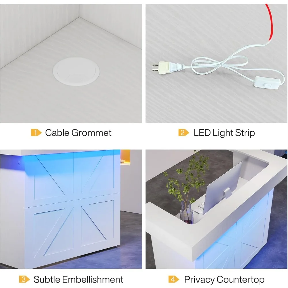 Mesa de recepção com balcão, recepção de 55 polegadas com luz LED e ilhós de cabo, mesa de balcão de checkout moderna para escritório