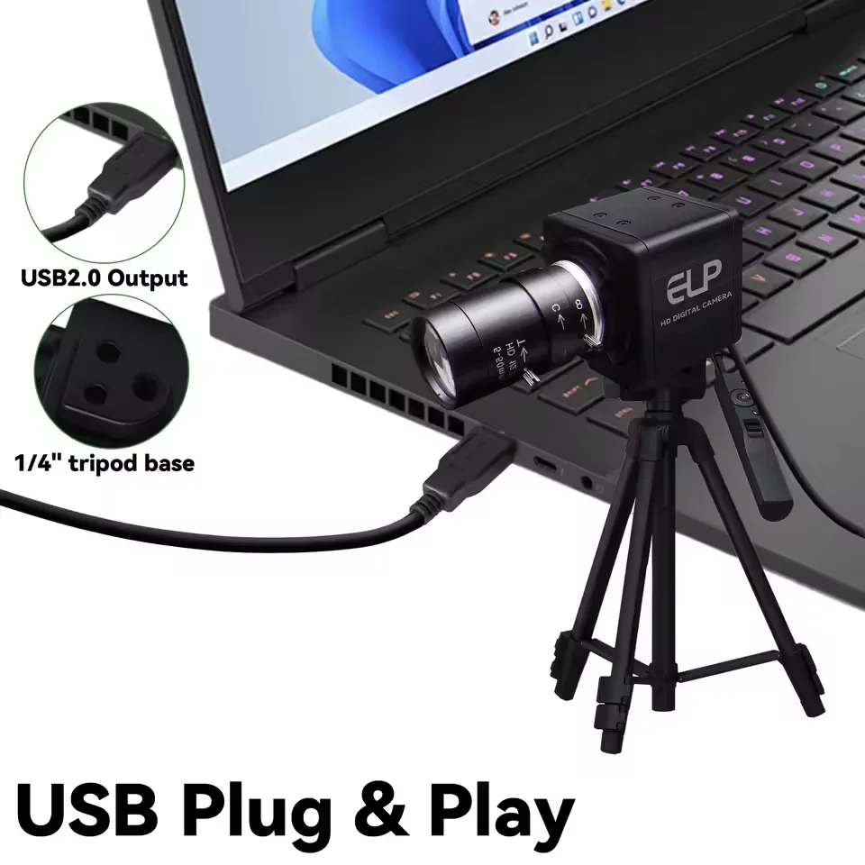ELP Global Shutter Monochrom USB Camera, 5-50mm Varifocal CS Lens, AR0144 Sensor, 720P 60fps, Plug&Play for High Speed Motion