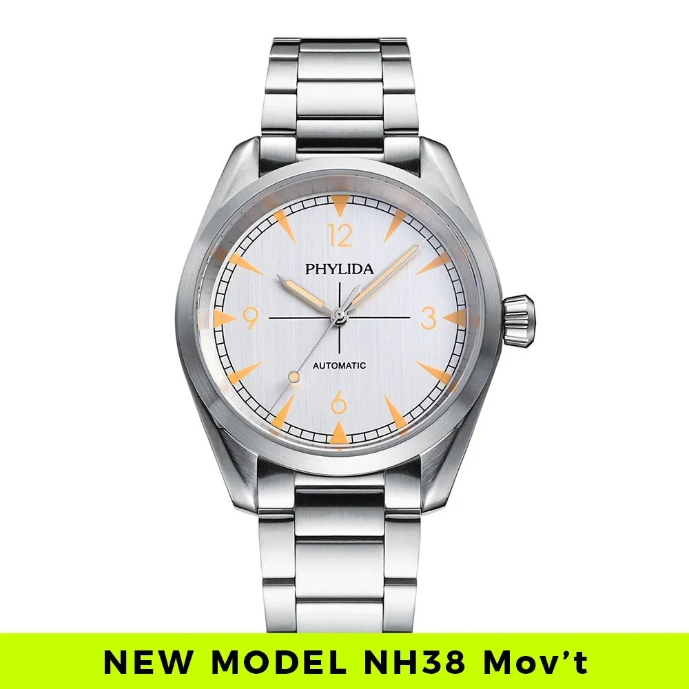 

PHYLIDA 40mm Men's Automatic Watch Classic Mechanical Wristwatch Silver Dial NH38A Movement 100M Water Resistant