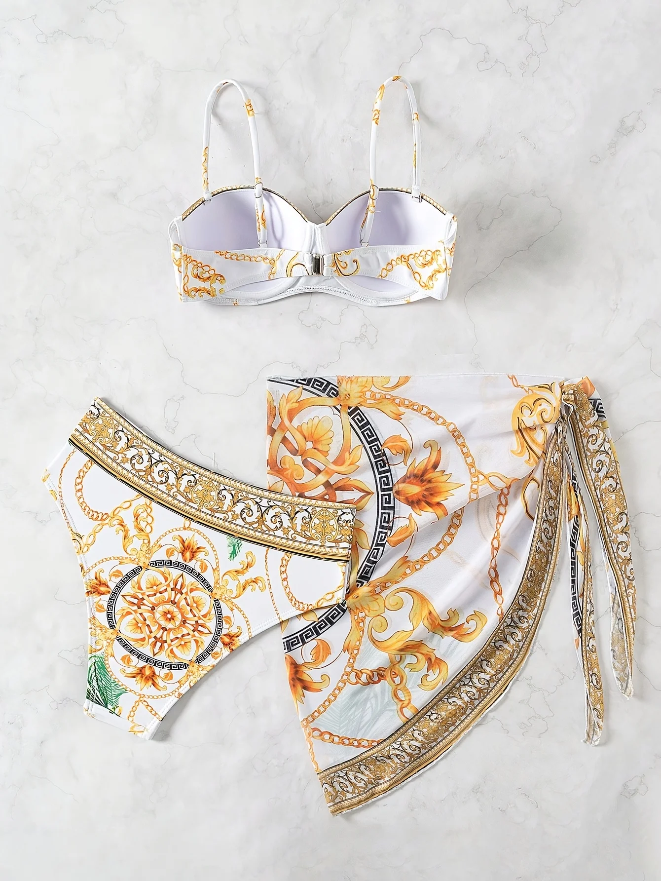 Summer Beach Vacation Chain Print Wrap Dress Bikini Swimwear Three-Piece Set for Women - Image 2