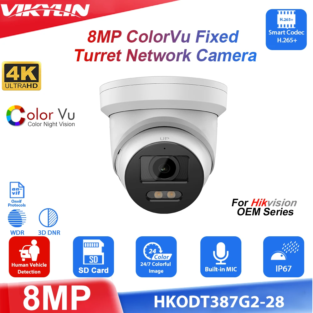 Vikylin 8MP 4K IP Camera For Hikvision OEM DS-2CD2387G2-LU ColorVU With MIC Human Vehicle Detection Home CCTV Security Camera