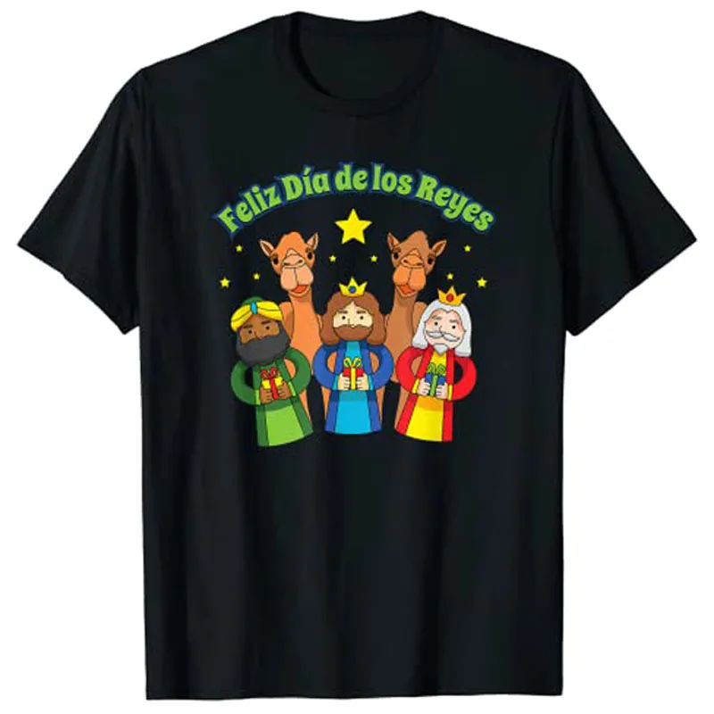 Feliz Dia De Los Reyes Happy Three Kings Day T-Shirt, niedliches Cartoon-Grafik-T-Shirt, kurzärmelig, ästhetische Kleidung, neuartige Geschenke