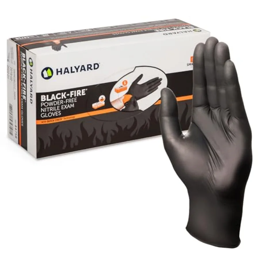 

HALYARD Black-FIRE Nitrile Exam Gloves with Quick Check, 5.5 mil, 9.5 Inch, Black/Orange - Powder-Free Disposable Gloves