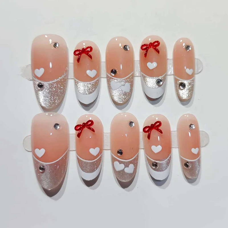10Pcs French Sweet Cool Spicy Girl Light Luxury with Diamonds and Bowknot High-end Temperament Nail Art Press on Nails Fake Nail view 5