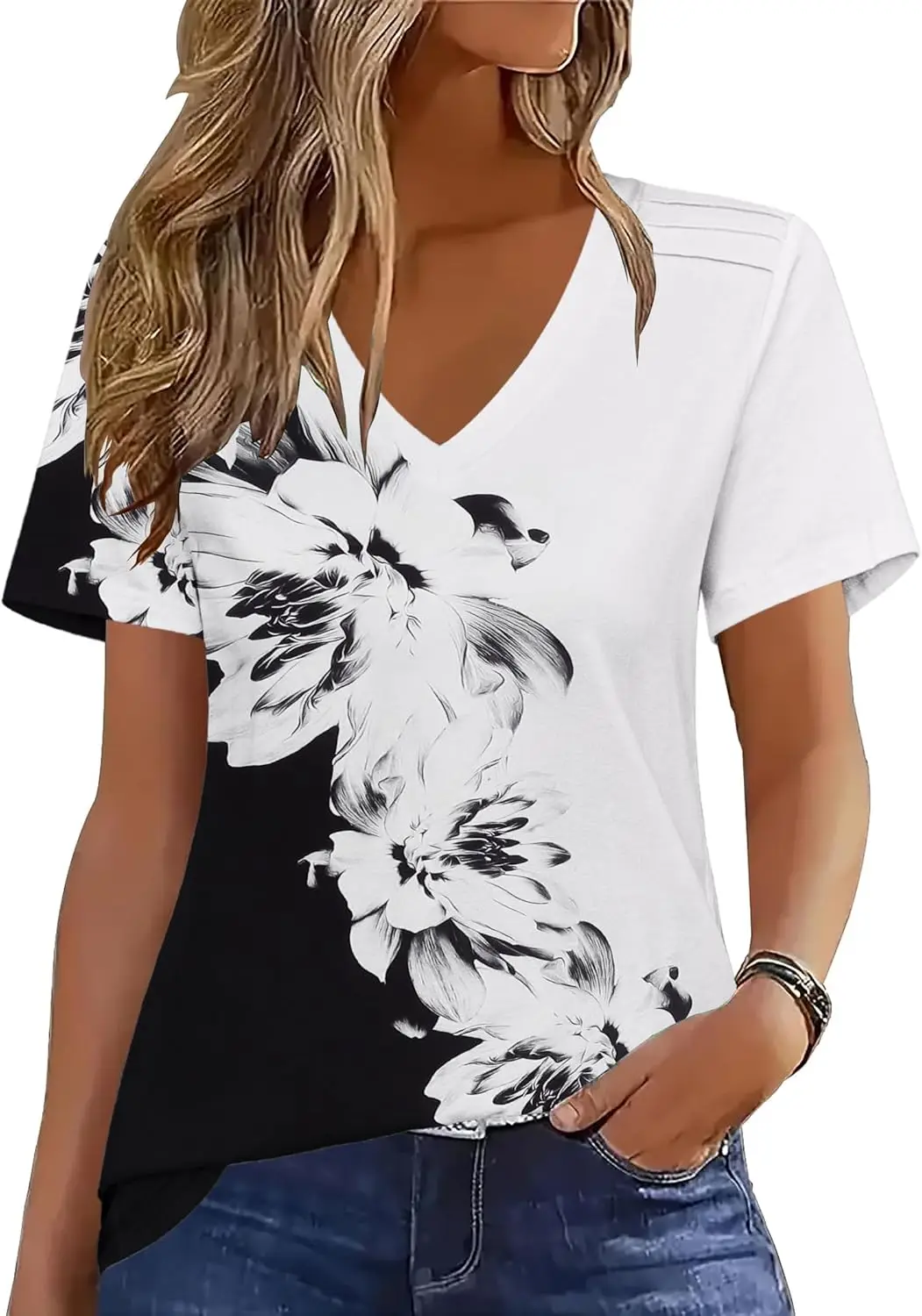 

Summer Simple Flower Print Women's T-Shirt Fashion Loose Breathable V-Neck Short Sleeve Tees Outdoor Casual Sweat Absorbing Top