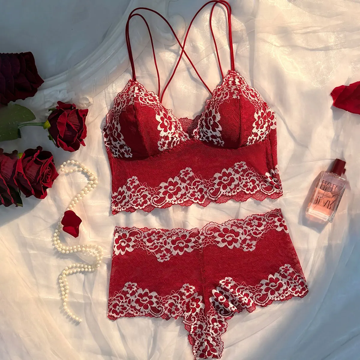 Exquisite Contrasting Floral Lace Close Fitting Mesh, See Through Cross Beautiful Back Suspender, Sexy Lingerie 2-piece Set 2026