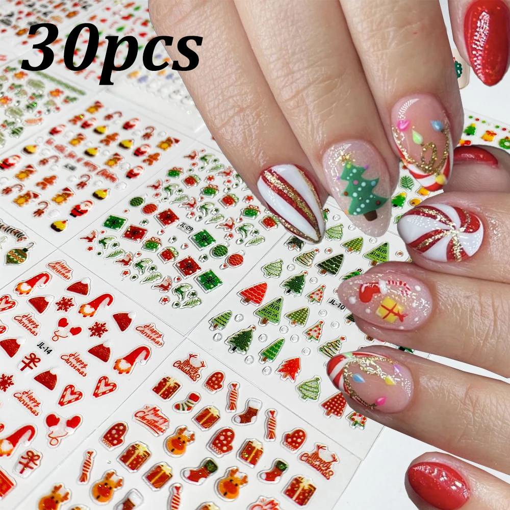 

30Pcs Christmas Glitter Nail Stickers 3D Snowflake, Elk, Xmas Tree, Bear, SnowMan Nail Art Decals DIY Manicure Sliders Decoratio