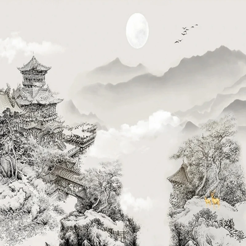 Creative elegant Nordic Chinese light luxury abstract ink-wash golden landscape luxury home background wall decorative painting