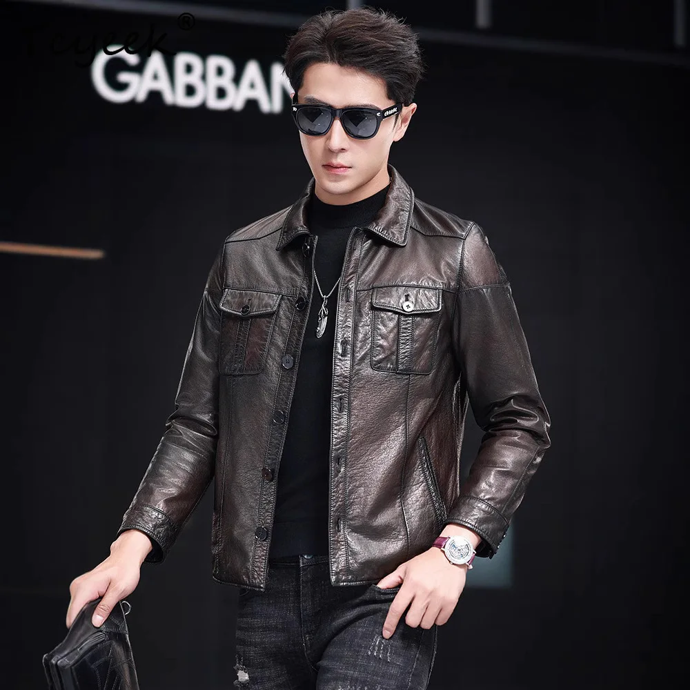 

Tcyeek 100% Real Leather Jacket Men Autumn Clothes Oil Wax Top Layer Cowhide Coat Motocycle Mens Coats Trendy Jaqueta De Couro