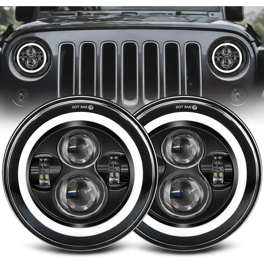 

7 inch LED Headlight Round 2pc Projector with Halo Lighting DOT Approved High Low Beam and DRL Amber Turn Signal Compatible wit