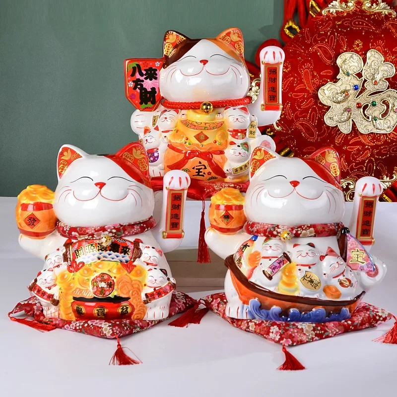 

13 Inch Beckons Ceramic Lucky Cat Crafts Japanese Cartoon Cat Ornaments Opening Gift Shop Cash Register Home Entrance Decoration