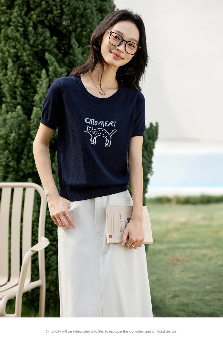 VIMLY Blue Pullover Knitted Sweater Summer Woman 2025 Short Sleeve Knit Jumper Ladies Fun Cat Bead Embroidered Women's Top 75006