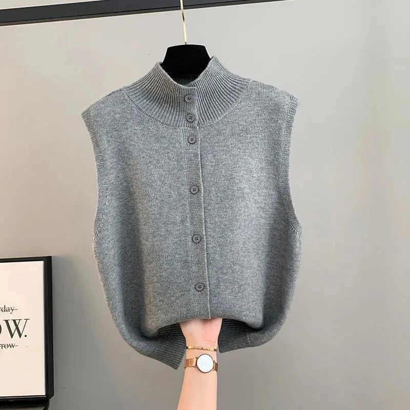 Women's Double-Sided Knitted Sweater High Neck Loose Top Fashion Twist Open Cardigan Vest Autumn Winter New Style Casual Wear