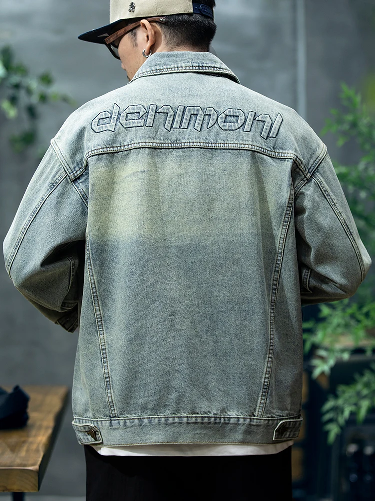 Retro American Embroidered Denim Jacket Men's Loose Casual Large Size Workwear Jacket Youth Trend Cotton Blend Fabric