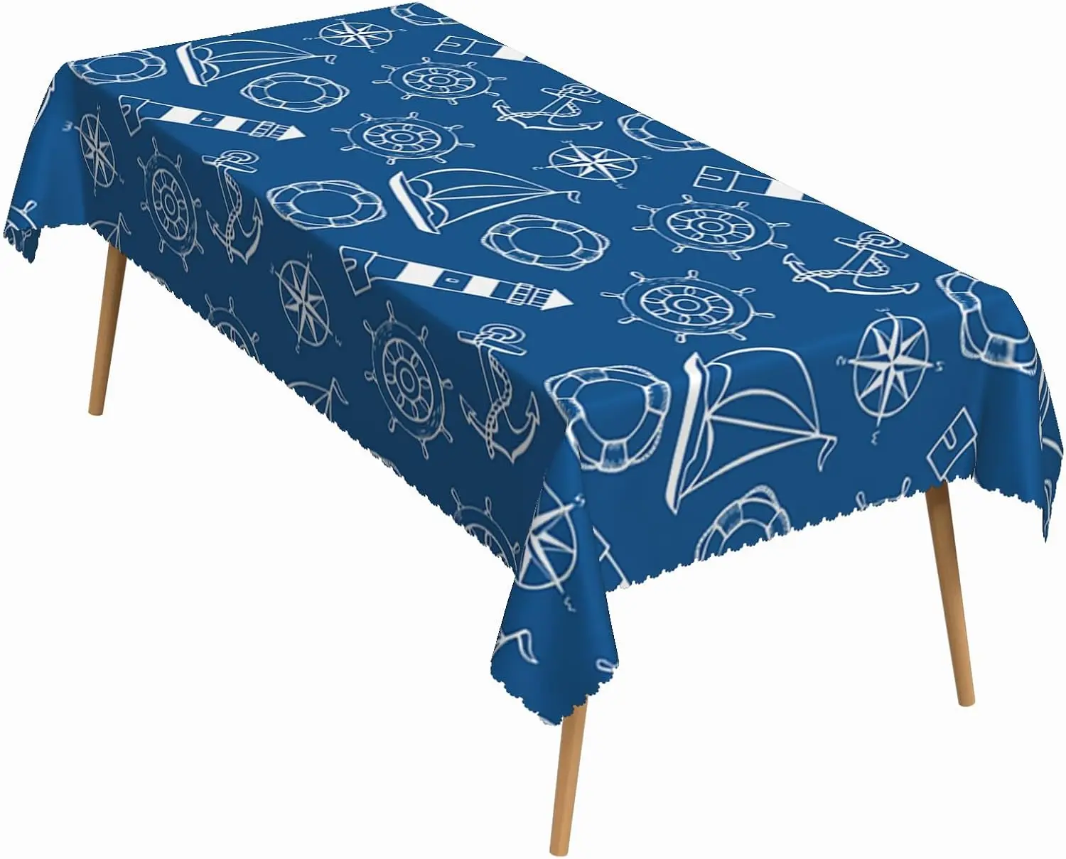 Premium Nautical Tablecloth Blue Sea Anchor Compass Rose Decoration Coastal Sailor Theme Table Cover for Dining or Party