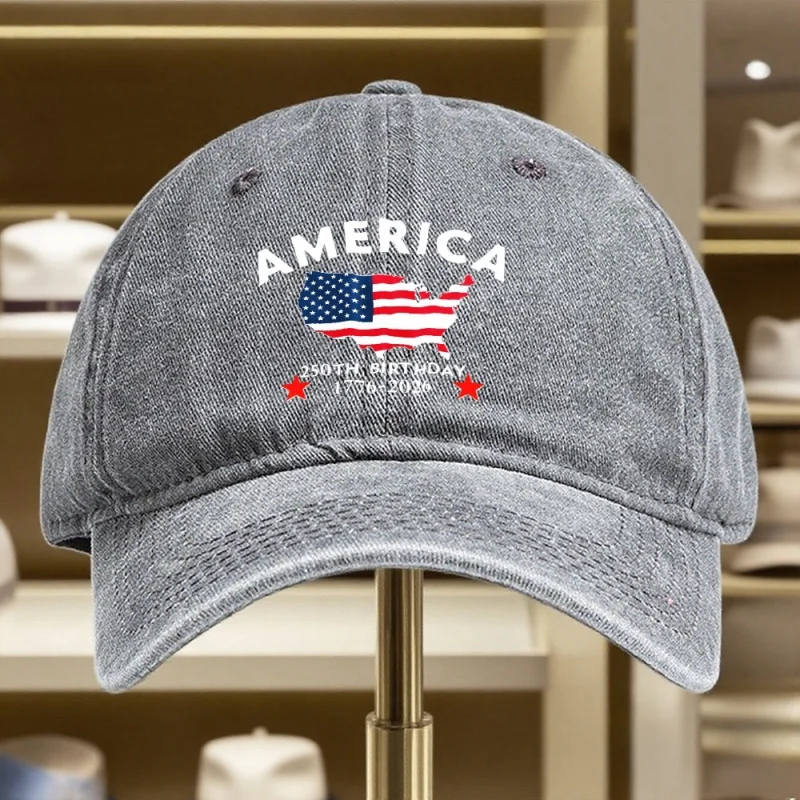 

1PC US 250th Anniversary "250 BIRTHDAY" Print Unisex Vintage Washed Distressed Baseball Cap Soft-Top Dad Hat for Outdoor Use