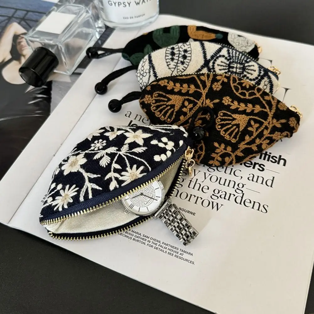 Portable Embroidered Mini Coin Purse Cotton Pouch Keychain Pendant Zipper Small Car Key Bag