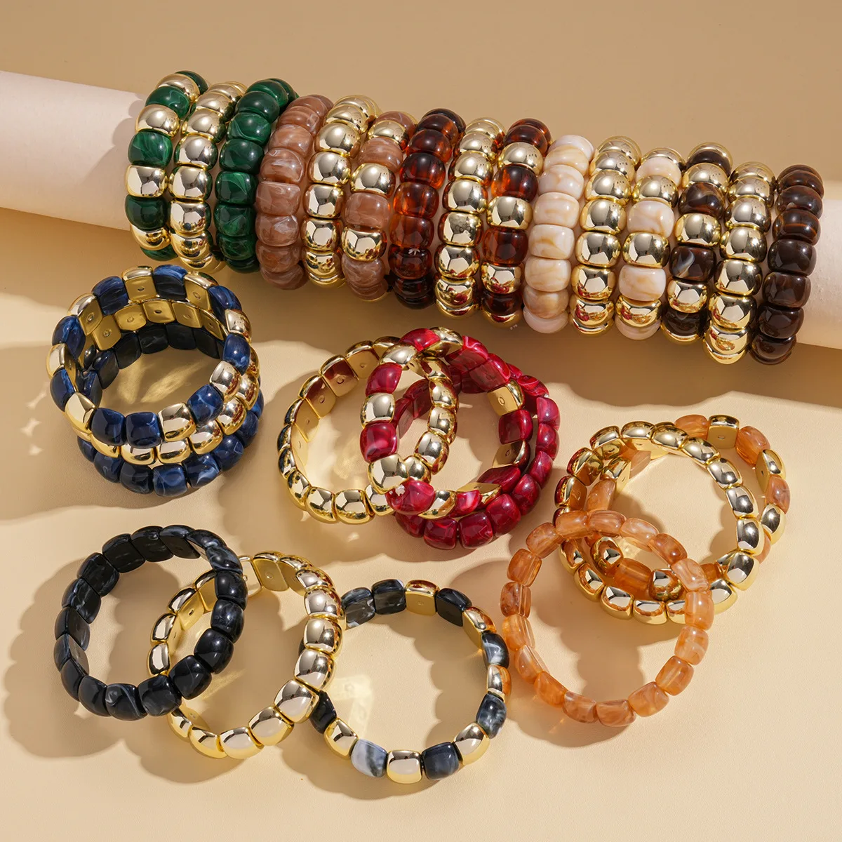 

3pcs Boho Acrylic Resin Smudging Bangle for Women Men Handmade Geometric Square Stretch Bracelets Retro Elastic Hand Jewelry Set