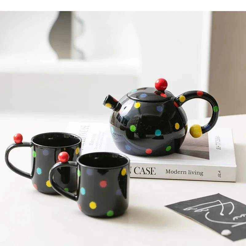 Colored Polka Dot Ceramic Teapot Set High Beauty Tea Pot Three Piece Coffee Milk Mug Household Supplies