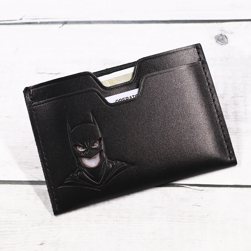 Genuine Leather Bat ID Wallet For Men Slim Front Pocket Minimalist Card Holder Case Wallet With Cutout Superhero Face Eyes Mask