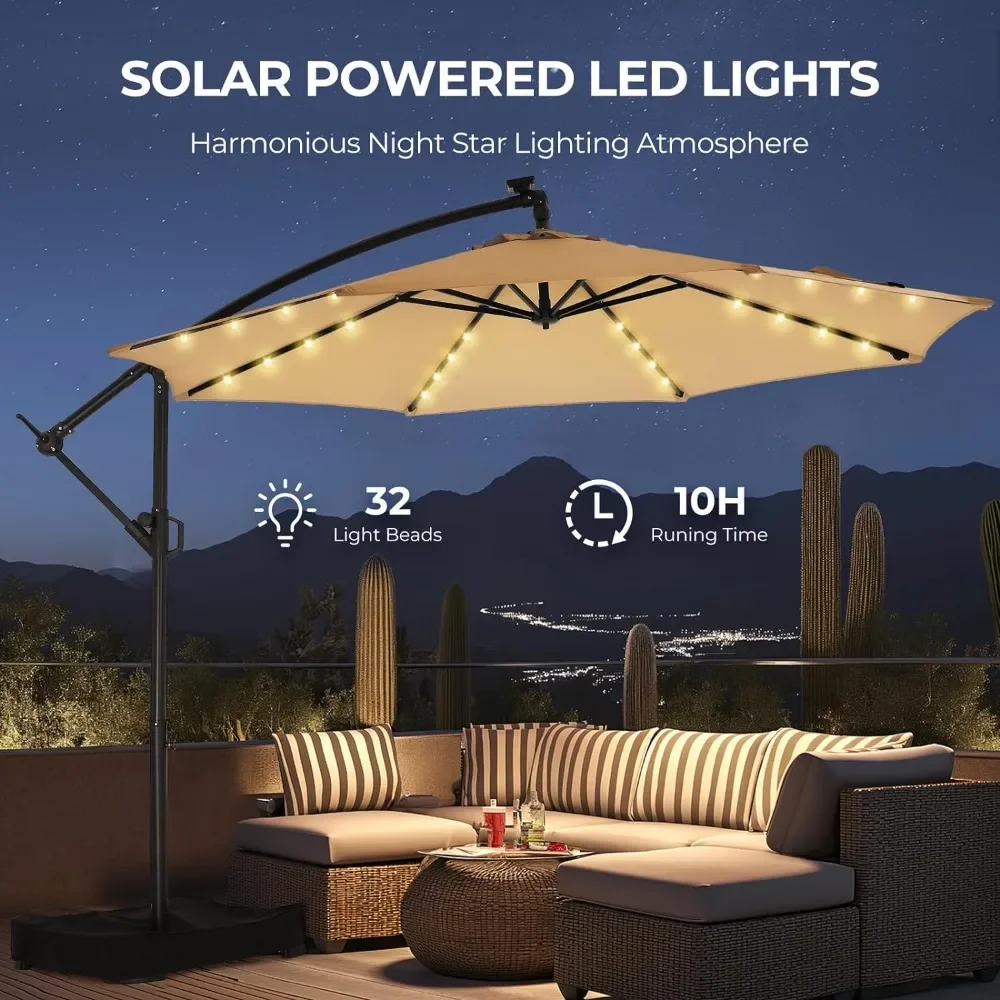 10ft Solar Lights Offset Cantilever Patio Umbrella - w/Light and Base, LED Lighted Offset Hanging Patio Outdoor Market Umbrella