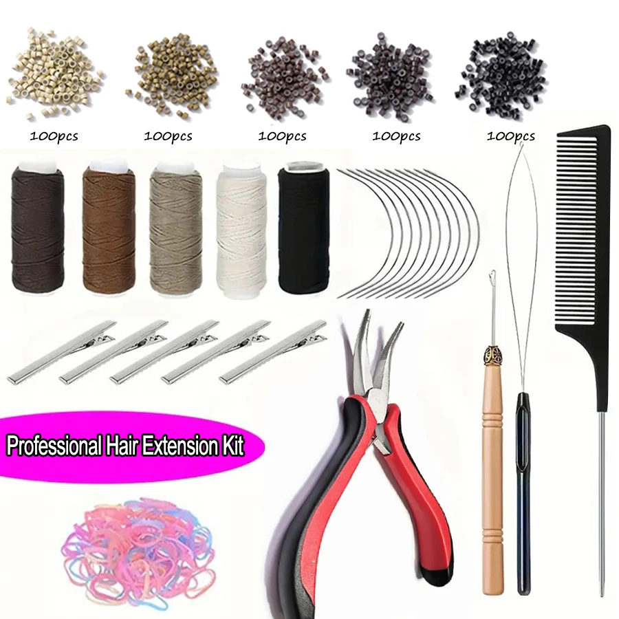 

Профессиональный набор для наращивания волос с бусинами, плоскогубцами, крючком, нитками, иглой - металлические инструменты для всех типов волос,