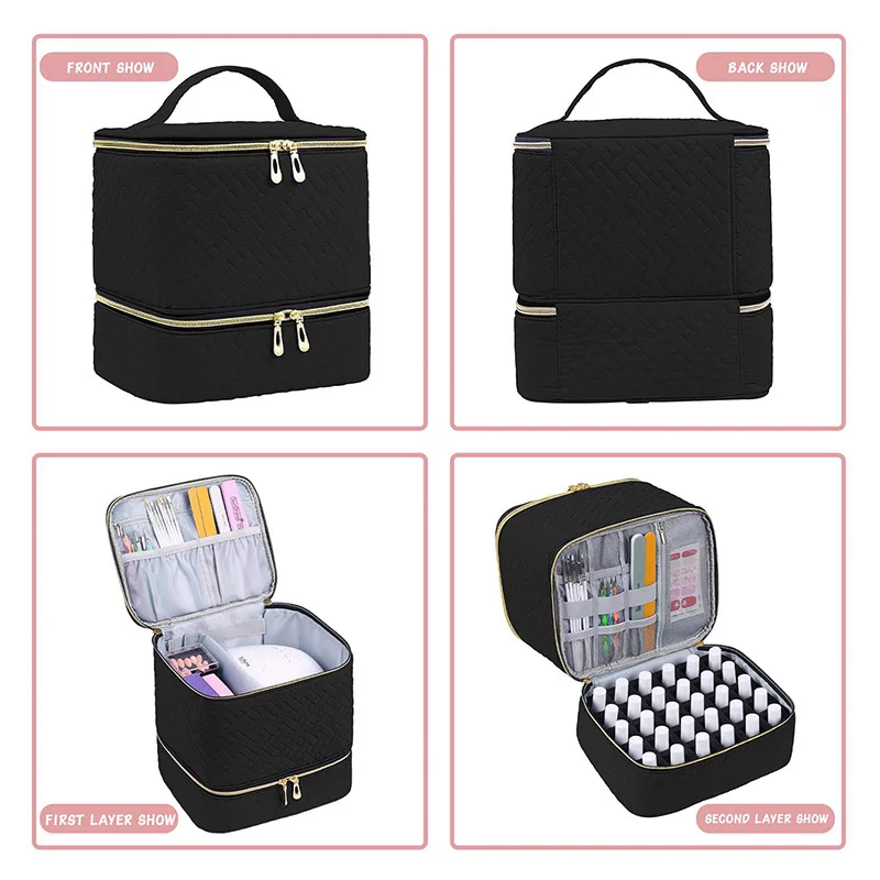 Portable Handheld Double-Layer Large-Capacity Nail Polish Storage Makeup Bag with Elevated Double Zipper