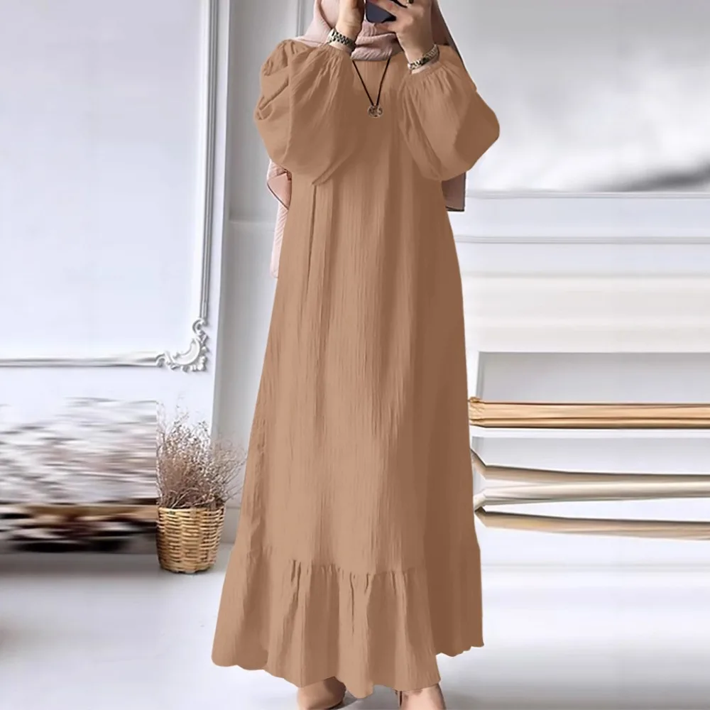 Muslimische frauen Robe Neue Mode Langarm Retro Langen Rock Einfarbig Rüschen Saum Kleid für Frauen