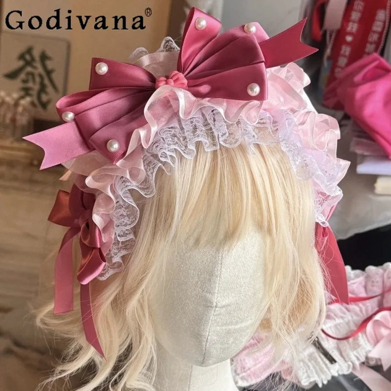 

Original Lolita Pink Hairband for Women Big Bow Design Lolita Style Lace Pink Hair Clip Female Japanese Style Hair Accessories