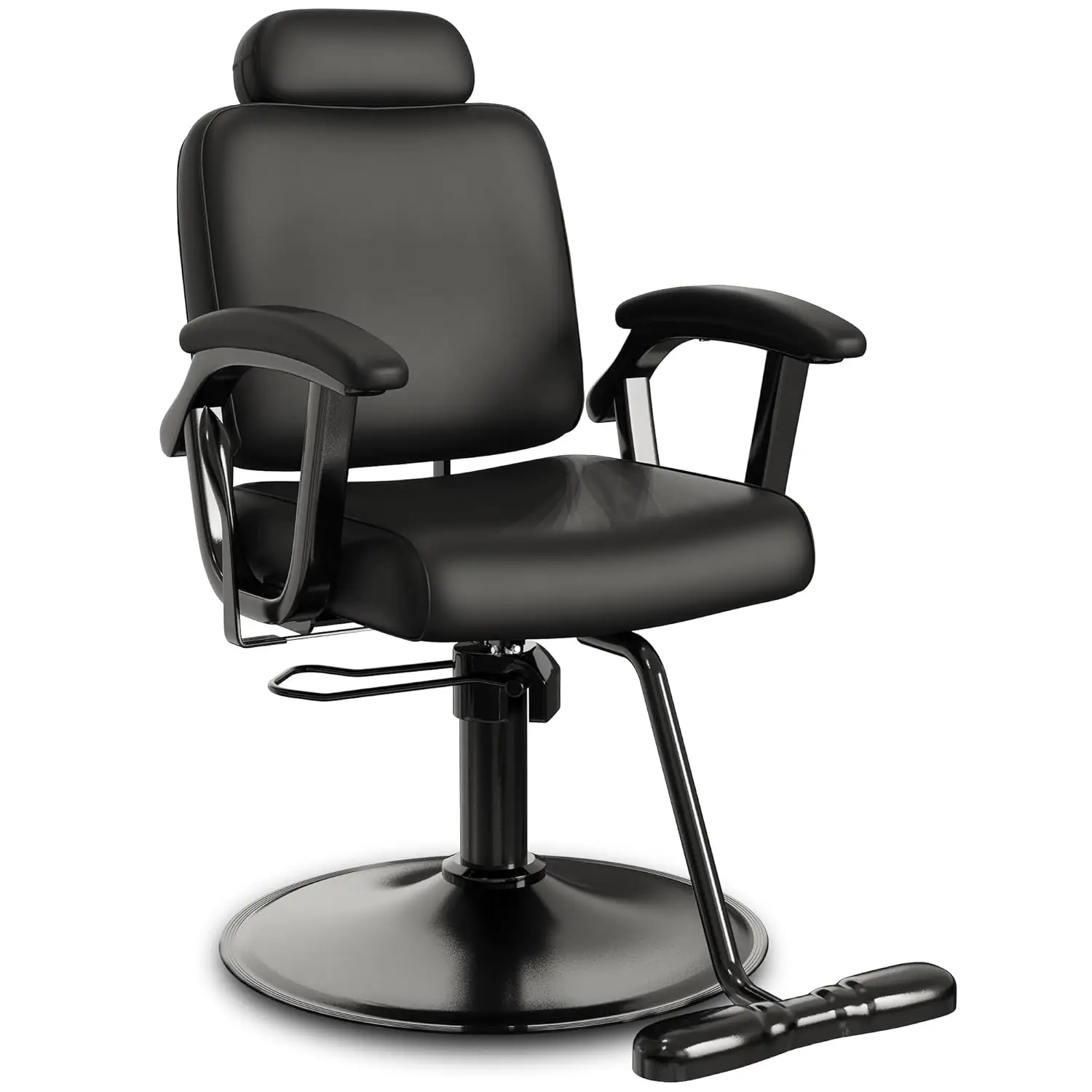 Black Barber Chair, Reclining, Removable Headrest, Hydraulic, PU Leather, Swivel, Recline, Steel Frame, 330 lbs, Customized