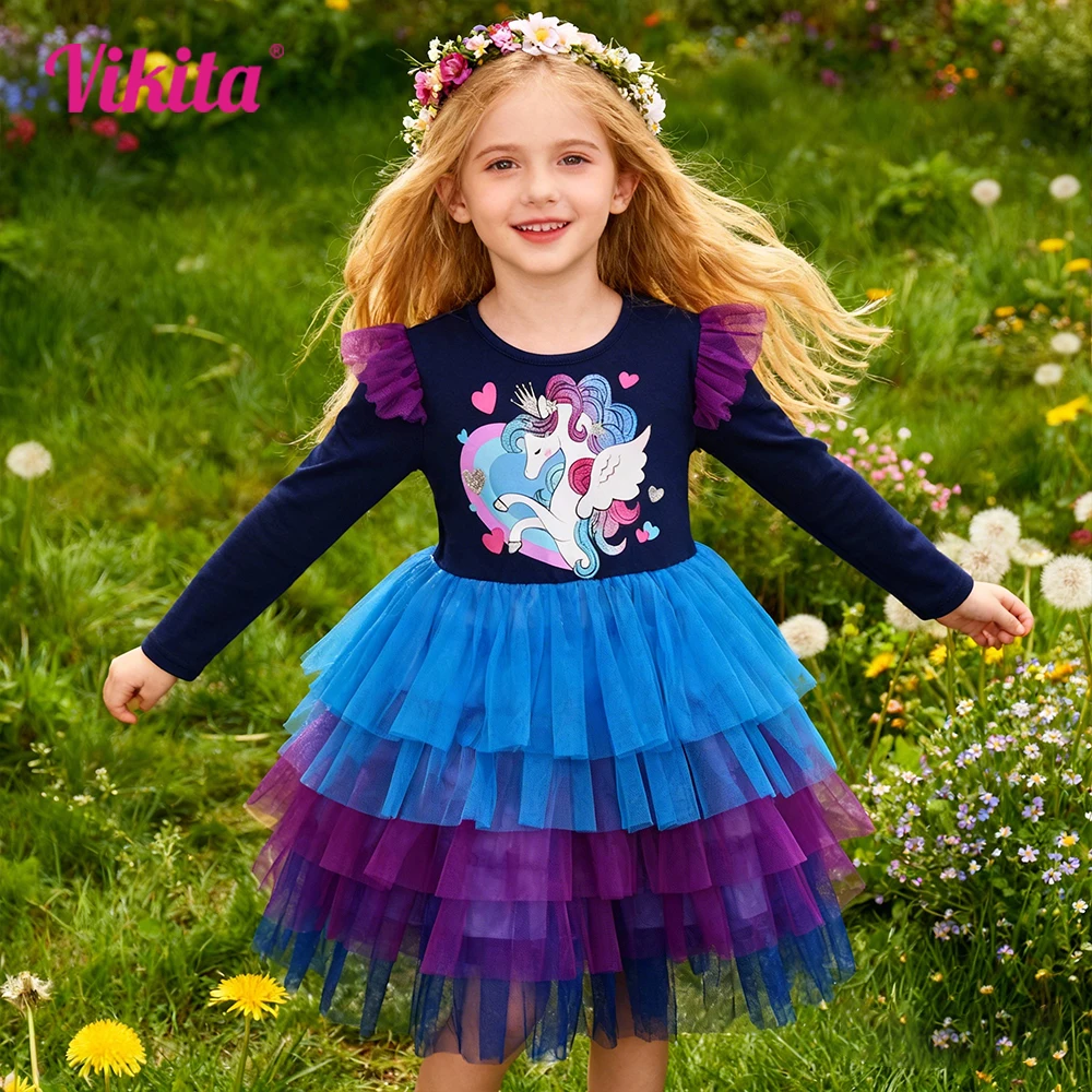 VIKITA Kinder Einhorn Herzförmiges Langarm-Kleid Kinder Farbverlauf Party Auftritts-Ballkleid Mädchen Mode Prinzessin Tutu-Kleider