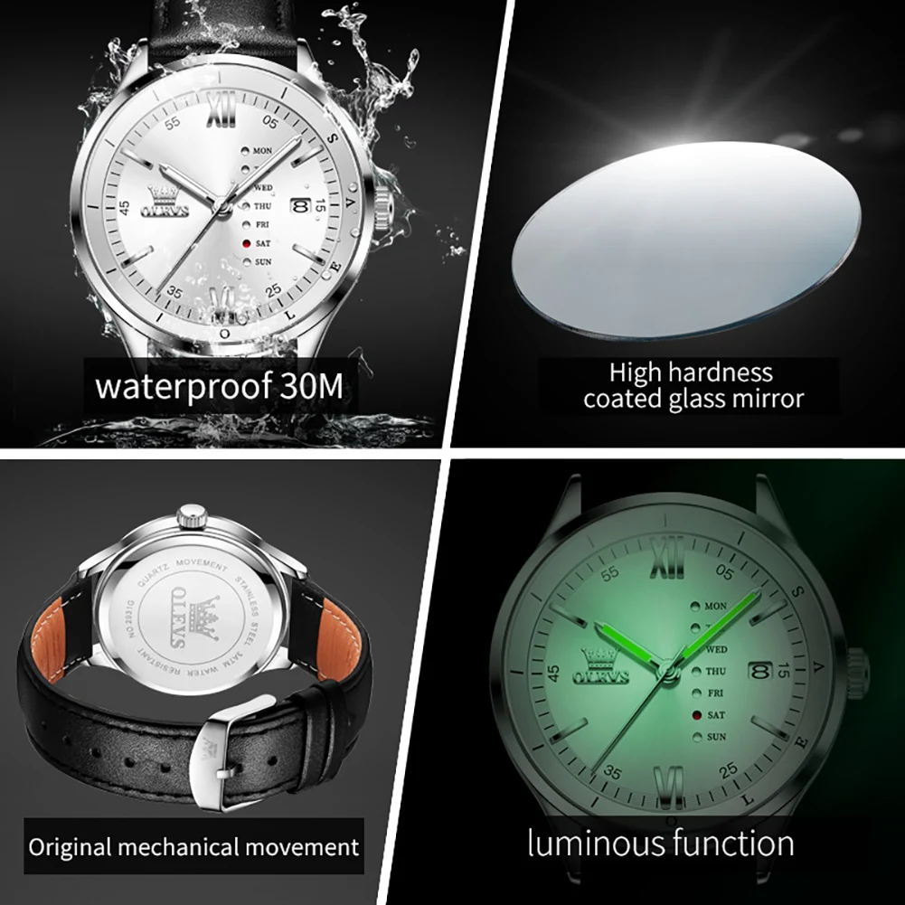 OLEVS-Montre à quartz étanche avec calendrier lumineux pour homme, bracelet en cuir avec boîte, marque de mode originale