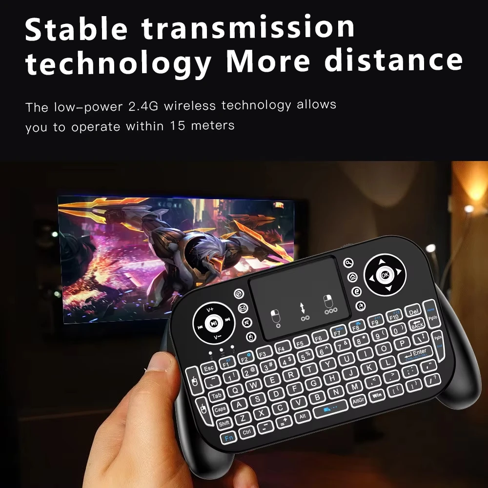 V8 2,4G Mini teclado inalámbrico 7 colores retroiluminado inglés Bluetooth Air Mouse Control remoto panel táctil para Android TV Box PC