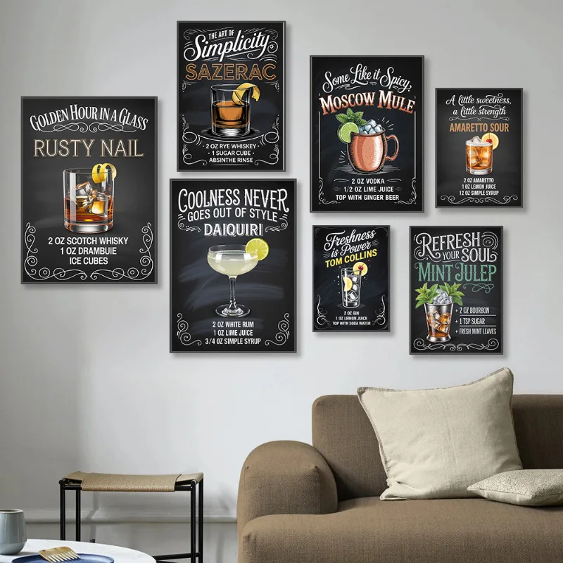 Vintage Style Cocktail Recipe Poster Cocktail Advertising Prints Canvas Painting Bar Cart Wall Art Pictures Home Room Decoration