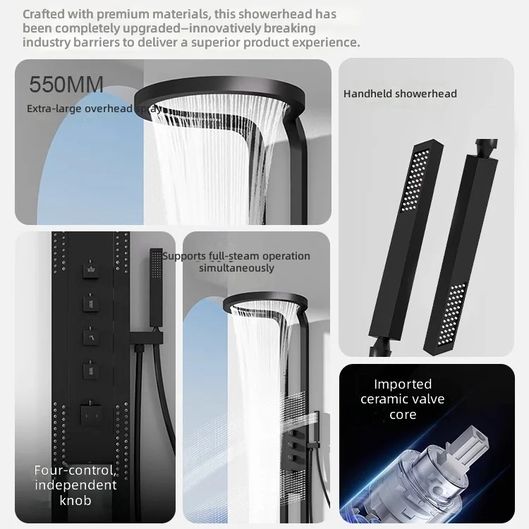 Rain Shower Set, Smart Thermostatic, High Pressure, Brass Shower Head, No-Drill Bracket, Bathroom Shower Screen System