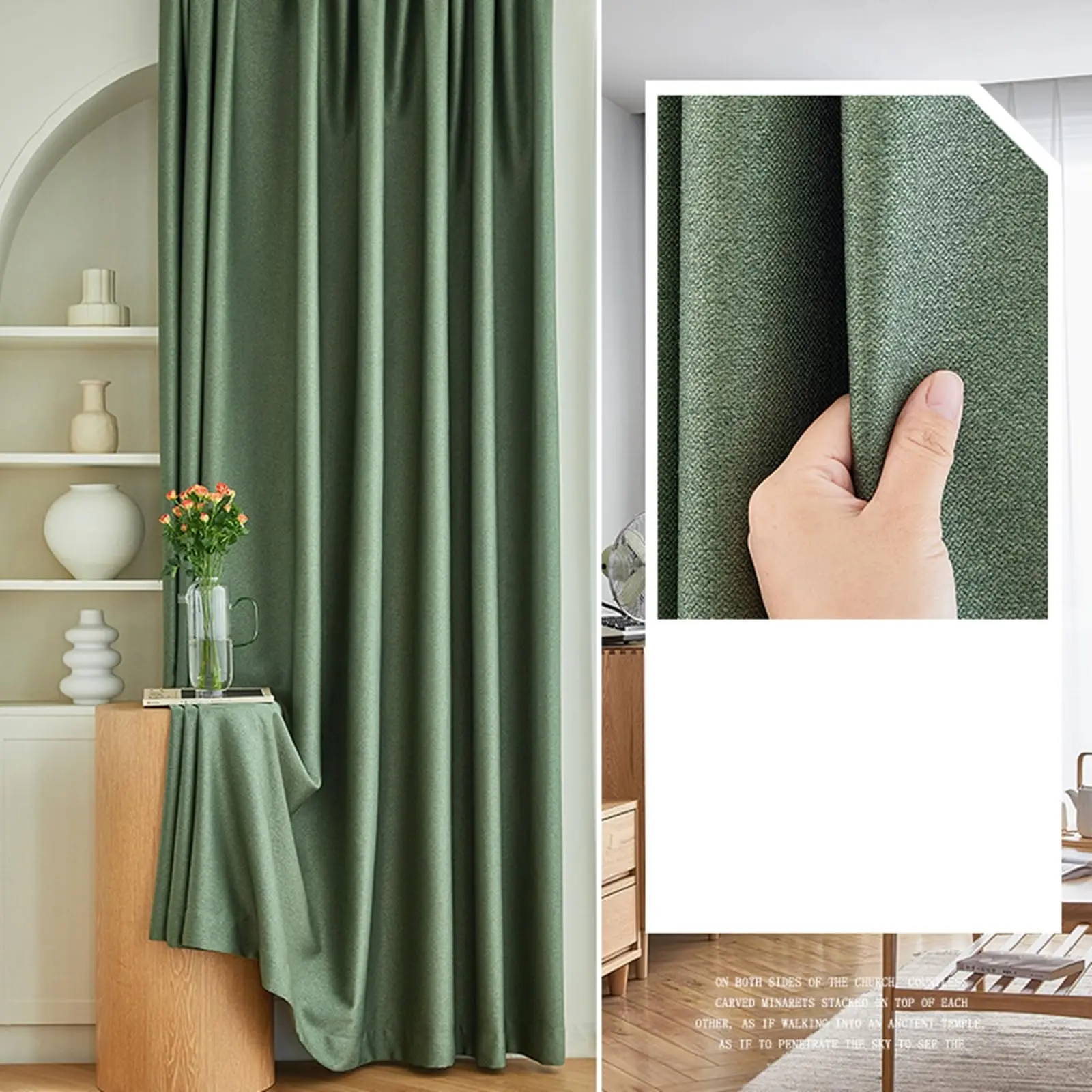 Blackout Curtains Short 45 inch, Darkening Curtains for Bedroom 2 Panels Set Grommet, Solid Green Linen Look Thick 38 x