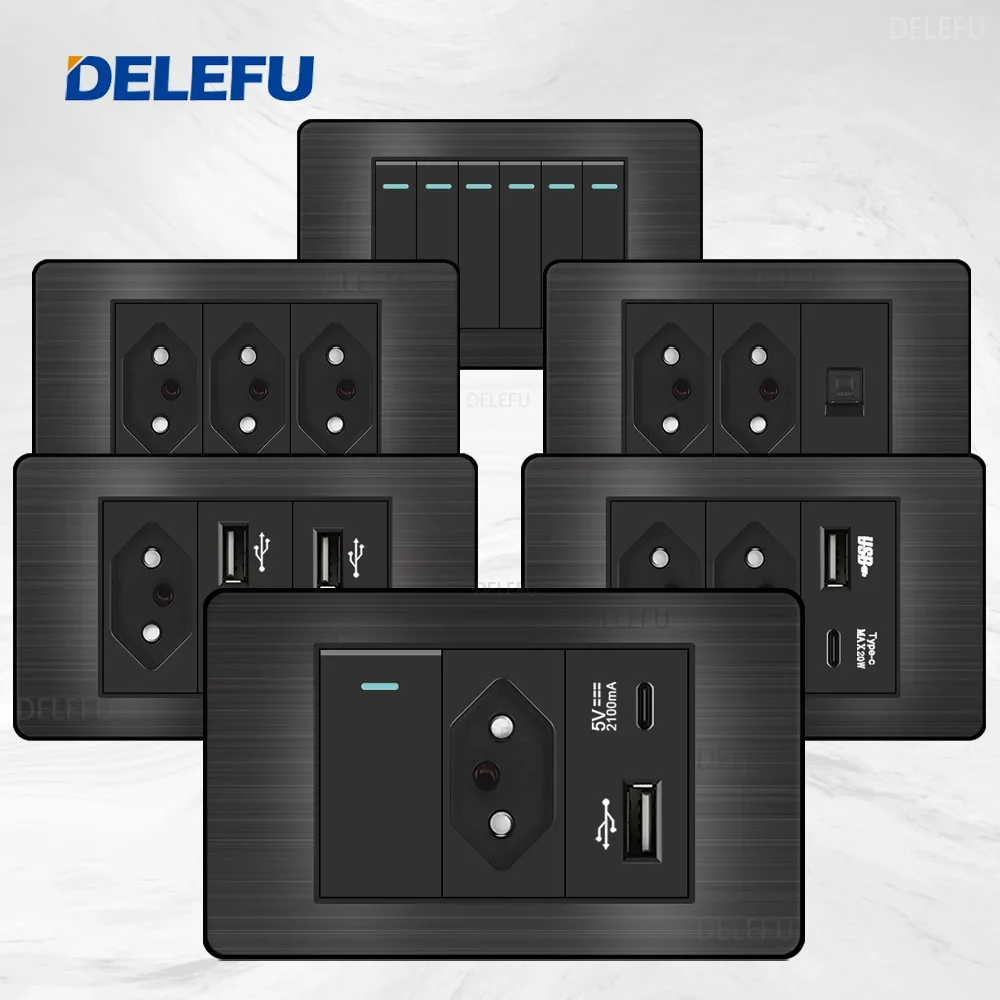 DELEFU-Panneau Noir en Acier Inoxydable, Joli Standard Brésilien, Prise de Courant Murale USB Type C, 10A, pour Ordinateur