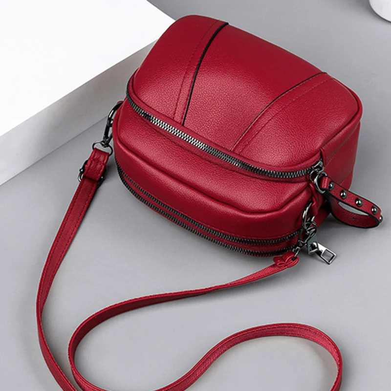 Solid Color Fashionable Rivet Zipper Women\'s Mobile Phone Bag Simple Soft Leather Shoulder Crossbody Small Square Bag